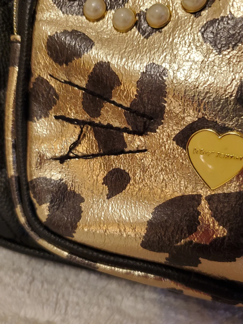 Betsey Johnson Black Quilted Mini Backpack with Leopard Cat Front Pocket